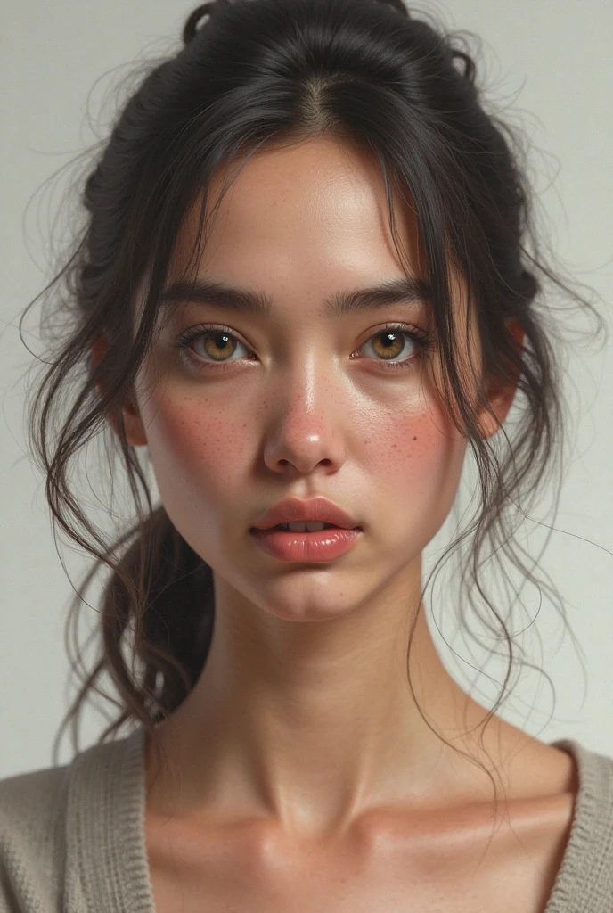Create a white girl with freckles, with straight hair, she's capable, marked jaw, skinny, pretty lips with braces and beautiful 