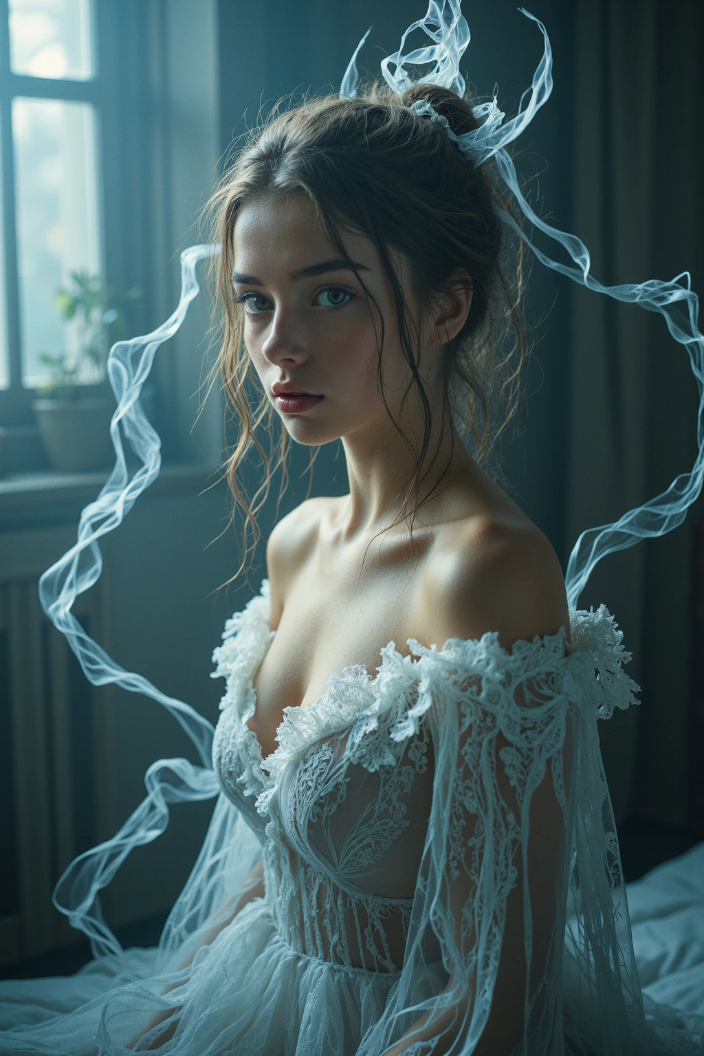 a beautiful spanish woman in a long white sheer dress, piercing blue eyes, long dark eyelashes, backlit, moody dark background, Mihailo Katsev style, soft colors, 4k, photography, extremely detailed