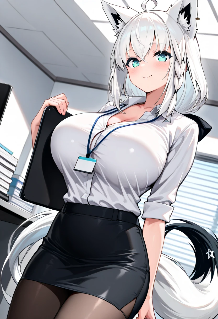 1 Woman, dark elf, matured, seductive, dark skin, extremely dark skin, silver hair, pointy ears, yellow eyes, lips, thicc, large breasts, large buttocks, office, office lady, white shirt, black office vest, red tie, sitting at a desk, busy doing paperwork, absurdres, high res, ultrasharp, 8K, masterpiece