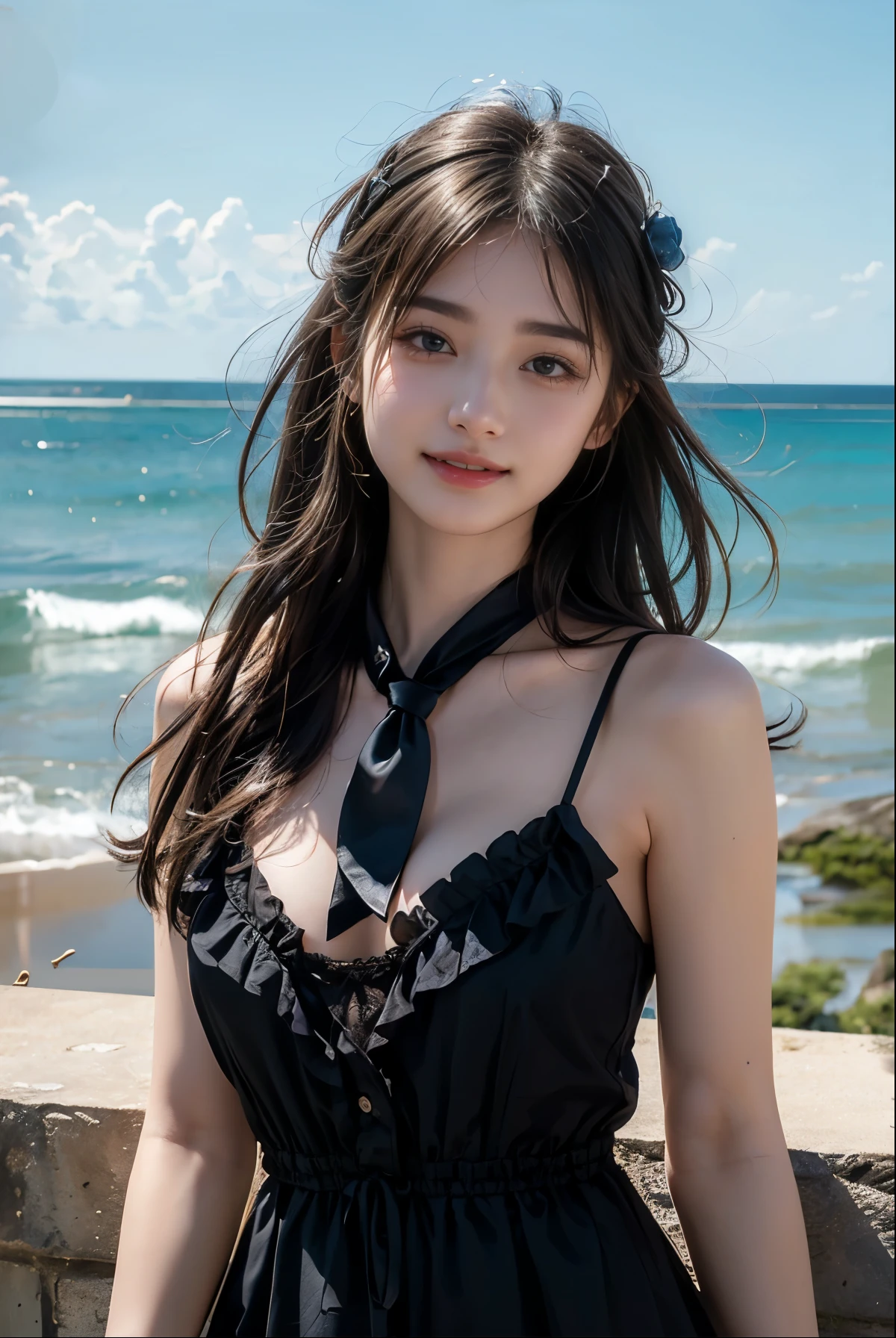 best quality, detailed, beautiful, insanely detailed, absurdres,perfect anatomy,
Japanese woman,black hair,27 years old,
(slender),
(small breasts),
ship, delightful, cheerful grin, arms crossed, graceful full dress, Exposing cleavage,in the ocean, blue sky and shining lights, the wind is blowing strongly,cowboy shot, (View from below:1.3),