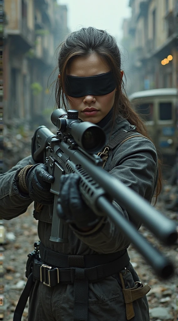 so much swagger trained marine corp militant asian female solider with smug grin sneer. with an attitue vengance she adorn with pony tail hairstyle adorn hip hop rap style in kevlar black military attire armour sniper rifle on recline on a tank aiming sniper absolute disrespect bad-mannered