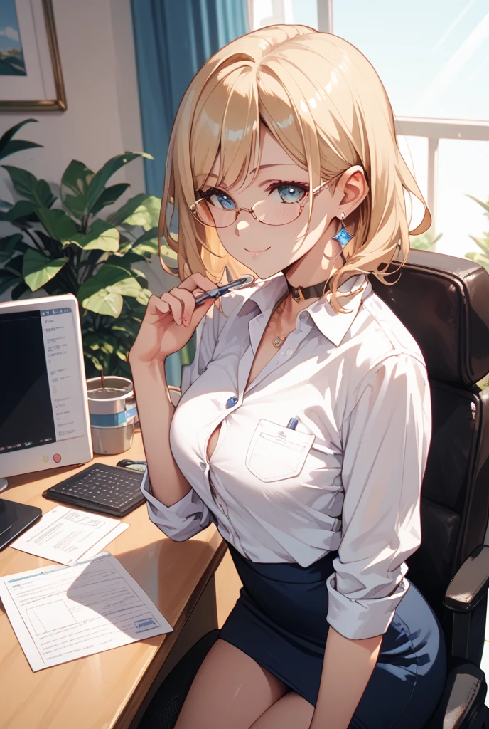 A formal grey suit。He is wearing a slightly open white shirt underneath.、There are some buttons left open at the top。Parting my hair、Lips slightly open。At night in the office, only the computer light is on。A woman smirking, sticking out her tongue and peering at me.。The open buttons on her shirt reveal her cleavage and her lacy green bra.。Focus on the chest and face。Blonde Bob Cut、Round glasses with gold rimmes、Small face。