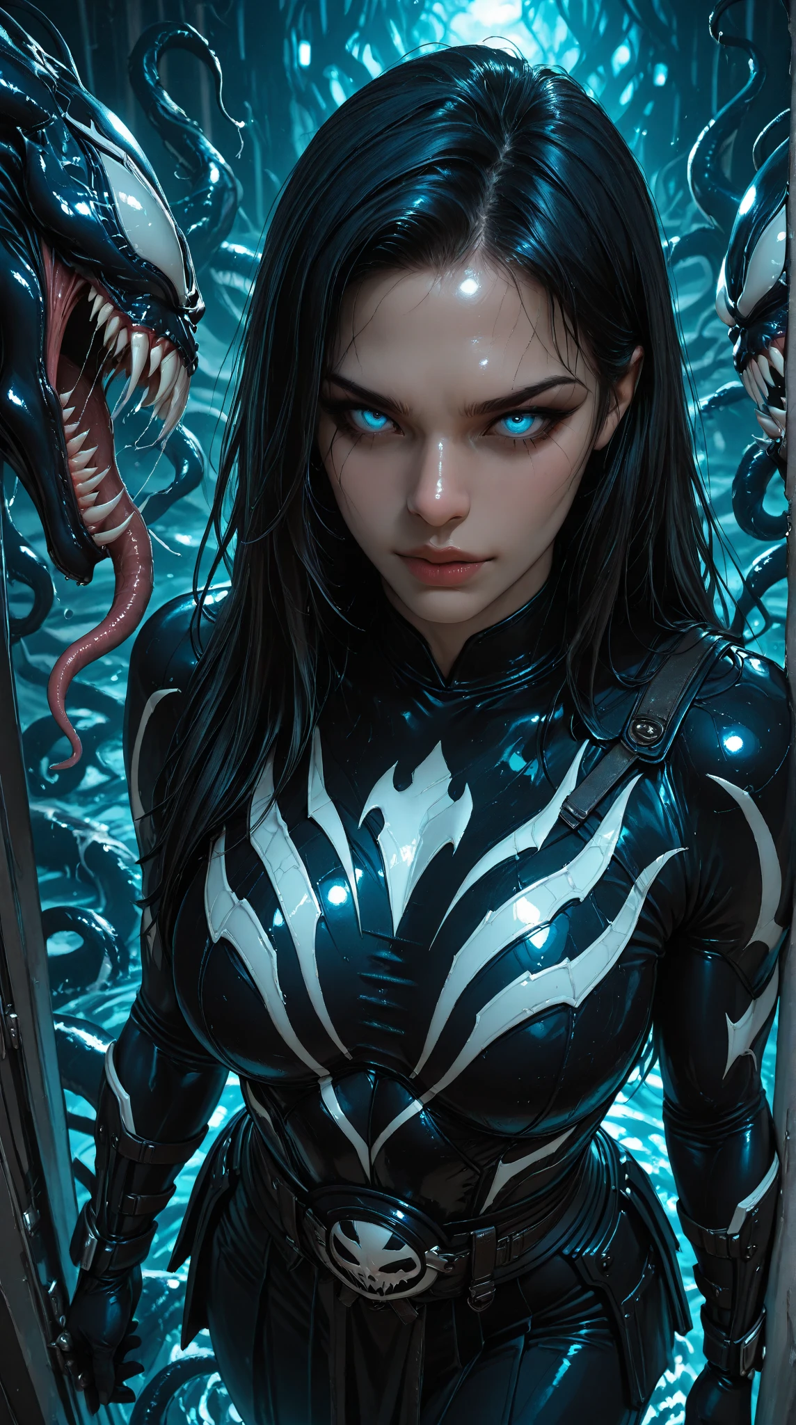 High quality, check_9, check_8_up, Source_7_up, 2., 4k, (masterpiece, best quality, overdetailed), (perfect arms, perfect anatomy), 1 girl, gothic, Super detailed, super realistic,aerial view,Full height shot,Brutal,Beautiful girl from Scandinavia, long straight black hair, (beautiful blue eyes), almond eyes, Full height shot, A warped fusion of Marvel's Venom and Cthulhu. Dark, atmospheric cropping of a figure, clad in full samurai armor. Inspired by Ryan Stegman's design, The costume is a menacing mix of Japanese armor and Venom's signature tentacles. The background is a swirling vortex of darkness, aquatic chaos, evoking an eerie N.P. Lovecraftian works. Mark Brooks' attention to detail is evident in the intricate textures and folds of the armor. wordless, but radiating an alien intensity, This image captures the unholy union of Venom and Cthulhu, with all its apocalyptic implications. Beautiful crystal blue eyes, almond eyes.