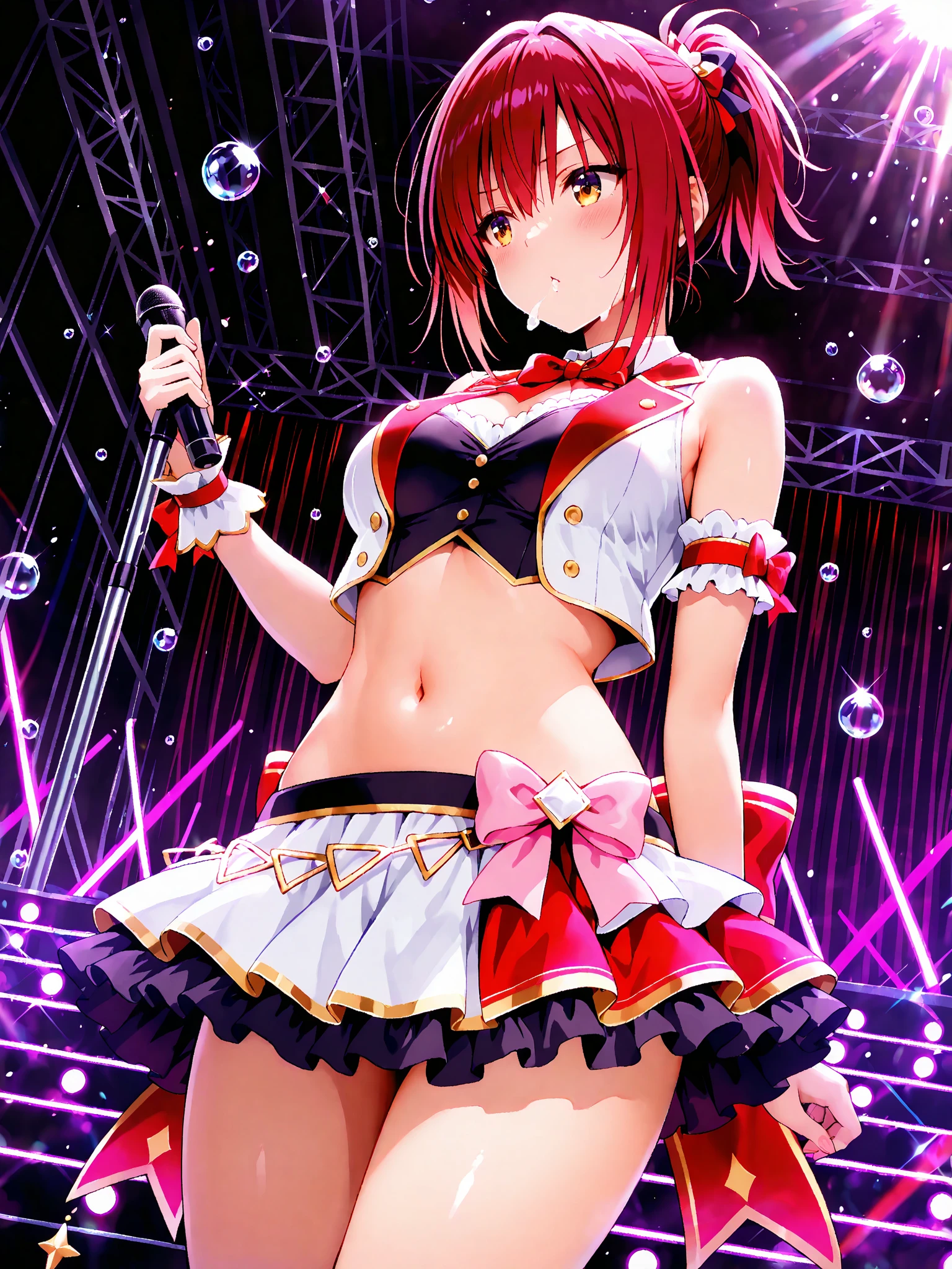 2D, masterpiece, highest quality, anime, Very detailed, whole body, 1 girl, alone, Marine_Idol, hololive Idol uniform, White ribbon, White gloves, Red ribbon, Red bow tie, Layered skirt, Navel clipping, Mismatched legwear, Red Stockings, Black Stockings, Heterochromia iridis, Red eyes, Yellow Eyes, Break Stage, Red light, Dynamic pose, smile