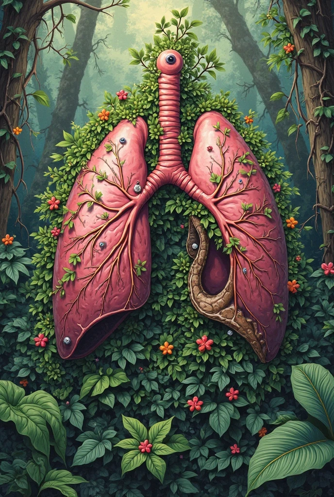 Realistic cartoon lung tree shaped drawing art gospel icon dark background