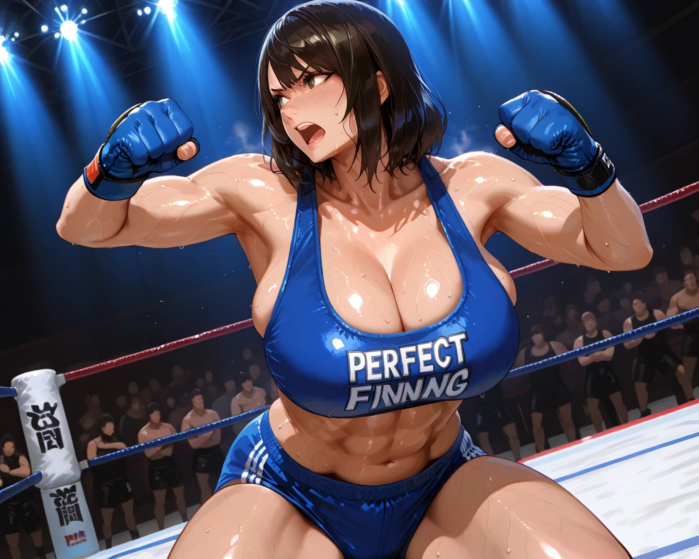 ((masterpiece)), ((high quality)), ((super detailed)), ((high resolution)) ,((8k)), a beautiful woman, ((She is one of the most famous female Gravure actress in the world.)), unparalleled beauty, ((huge breast)), ((large ass)), ((deep cleavage)), slim waist, chest out, ultra detailed face, perfect skin, (((Half-up hairstyle, Long blonde ponytail hair))), blue eyes, detailed eyes, whole body image, (((anime))), ((glamorous)), 24 years old, ((incredibly beautiful woman)), ((The I cup bust)), ((((sling bikini ring wear, See-through innerwear)))), ((beautiful breasts)), beautiful legs, 8 life size, anime, the most beautiful and strongest, ((charm)), ((Half Japanese and half British)), ((Grown-up face)), ((Open Finger Gloves, Five fingers)), (((Women's mixed martial arts, A fighting arena))), ((((Bewitching)))), ((Sexy pose, Top mixed martial arts fighters)), excitement,