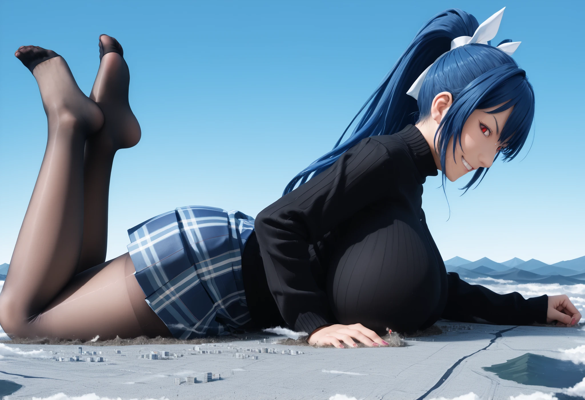 score_9, score_8_up, score_7_up, source_anime, macro,1girl,landscape,solo, pov, busty, thick body, goddess, curvy, sky, on bed,crawling,side view,smirk,full-body view, looking down while squeezing her breast lustfully, Meiya, smirking, long hair, high ponytail with a white ribbon, blue hair, red eyes, wearing black sweater, wearing blue plaid skirt, black pantyhose, huge breasts,