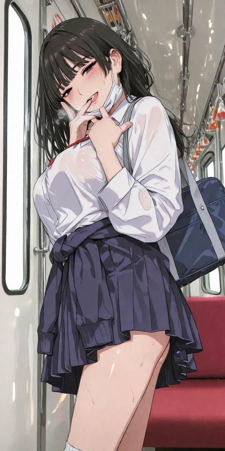 (dark madder red blouse,sleeveless,arms-baring:1.3),(look up at viewer:1.2),(black and long flare skirt),thick arms,(holding to a train strap:1.3),pov,close up,mature face,(from above),frontshot,single mole on cheek,black hair,sweaty,voluminous hair,unkempt hair,plump tall woman,aroused,(crowded train),(aroused and  blushed:1.5),27 years old,(fair skin:1.3),(cute eyes,tareme),plump oval face,light makeup,standing in train,leaning on train door,skirt lifted,