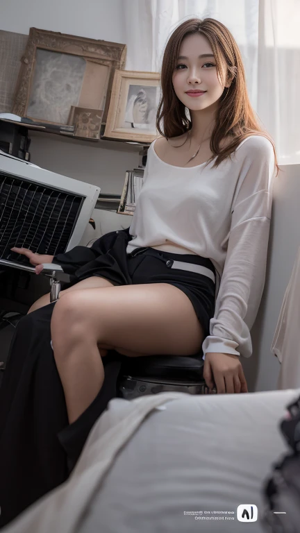 8K image quality、Crisp focus,realisitic、(Raw photography:1.2)、(photoreallistic:1.4)、finely detail,Best Quality, offcial art, Maste Piece, textile shading,only girl、Whole human body、japanes、Detailed eye、looking at away、detailed faces、a perfect face、Perfect Body、Troubled face、A 25-year-old woman、Beautiful skin、skin whitening、Beautie、beauty legs、Brown eyes、双眼皮、Longhaire、Light brown hair、Straight hair、(((White blouse、Light blue and plain flared skirt、Office Lady))),(((Small breasts,))),s Office、Sitting in a chair、Desk and computer、At work,(((Maxi skirt))),(((cum in thigh:1.4)))、(((Sperm fluid:1.2)))、((Pull up the skirt with your hands))
