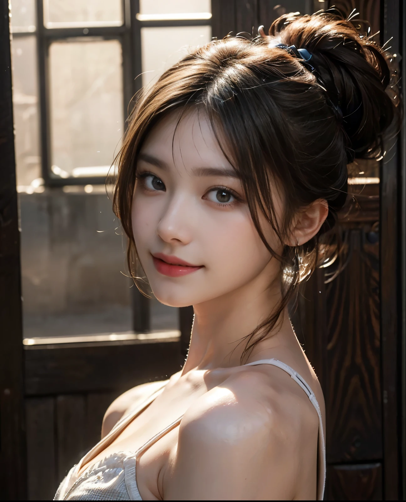 1woman, Updo hairstyle, (Ultra realistic, high res), (highly detailed eyes, highly detailed hair, highly detailed face, highly detailed plump lips), (off shoulder with open breasts), breasts, upper body, caute smile, (best quality:1.4), Raw photo, (realistic, photo-realistic:1.37), professional photography, cinematic light, (fine face: 1.2),