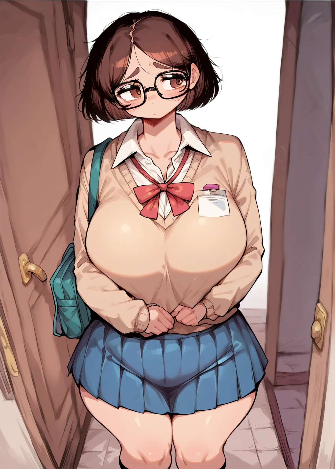 ((Table t○p, highest quality, Hi-Res Lucifer,Anime Screen Capture、perfect pixel, 8k, nfsw, sex)))、perfect anatomy, (((huge breasts)))、Sweat, (((swollen nipples)))、(((pink leotard、brown belt))),nurse uniform、(green eyes)、((Chubby、bob cut、long braided hair))、nurse hat、((brown hair)), ((blush))、(wide hips)、((put your hand on your chest、legs spread))、smile、((Red Rim Glasses))、((In town、lying on the ground))、