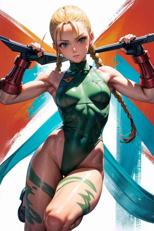masterpiece, 4K, expensively detailed, Cammy de Street fighter, Looking into the camera, blue eyes, Platinum blonde hair in long pigtails、Short bangs that reach the forehead。, Titis is cute, Cammy, ((scar on his left cheek)), 軍人に扮した美しいwoman ((Green thong class leotard with a delta red triangle on the left breast)), ((Military Tactical Strela)), (((He is wearing a red military beret on his head..))), Black combat boots and red gauntlets, (His legs are sparsely painted with green camouflage...), Clear bust, Smile at the audience, More information, (Every pixel counts、Draw the most beautiful and detailed art possible:1.1), Analog Style, Bright colors, Symmetric, in the center, close, woman, Physical ability, fit, Tight waist, expensive, Sunburned skin, [(Colorful explosion psychedelic paint colors:1.1)::0.125], Realist body proportions, Realist, photo-Realist, 8K, expensively detailed, LED Light, Laser light,fruit flavored, (Pit Baby:0.5), Shiny,Anatomically correct body, Anatomically correct limbs