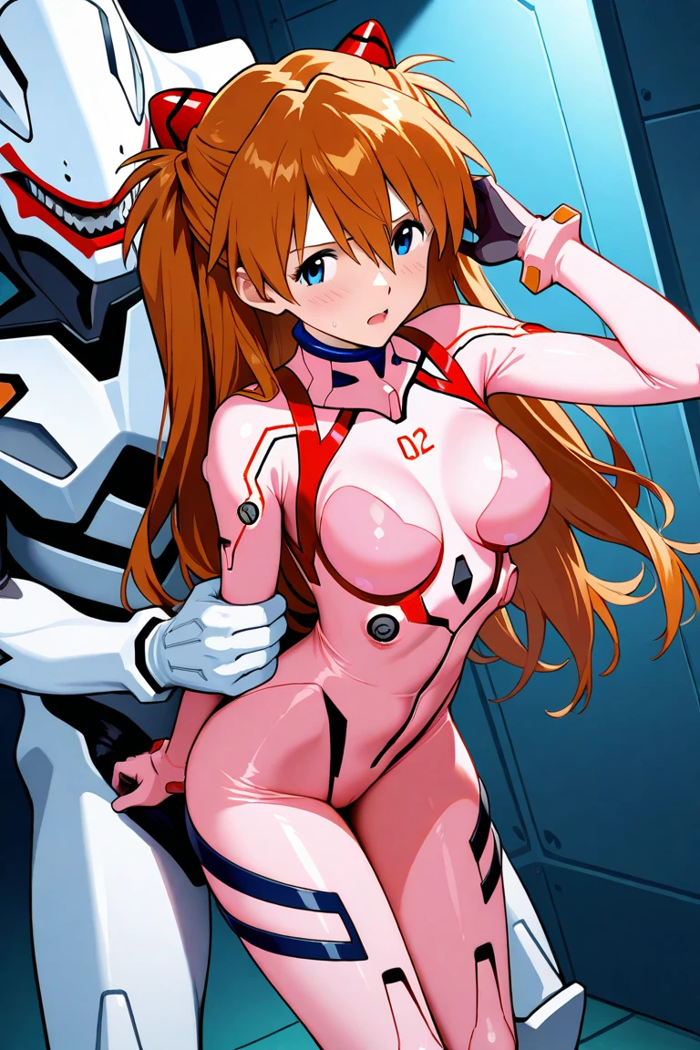 score_9, score_8_up, score_7_up, score_6_up, source_anime, game cg, beautiful eyes, aoi_nagisa_\(metalder\), BREAK duo, 1girl, koukawa asuka, brown hair, long hair, blue eyes, bangs, side bangs, (huge breasts:0.8), curvy, prosthesis, fishnets, taimanin suit, pink bodysuit, impossible clothes, skin tight, covered nipples, shiny clothes, BREAK embarrassed, saliva, licking, licking penis, (penis on face:1.2), 1male, inside, hotel, pink theme, lighting, upper body,