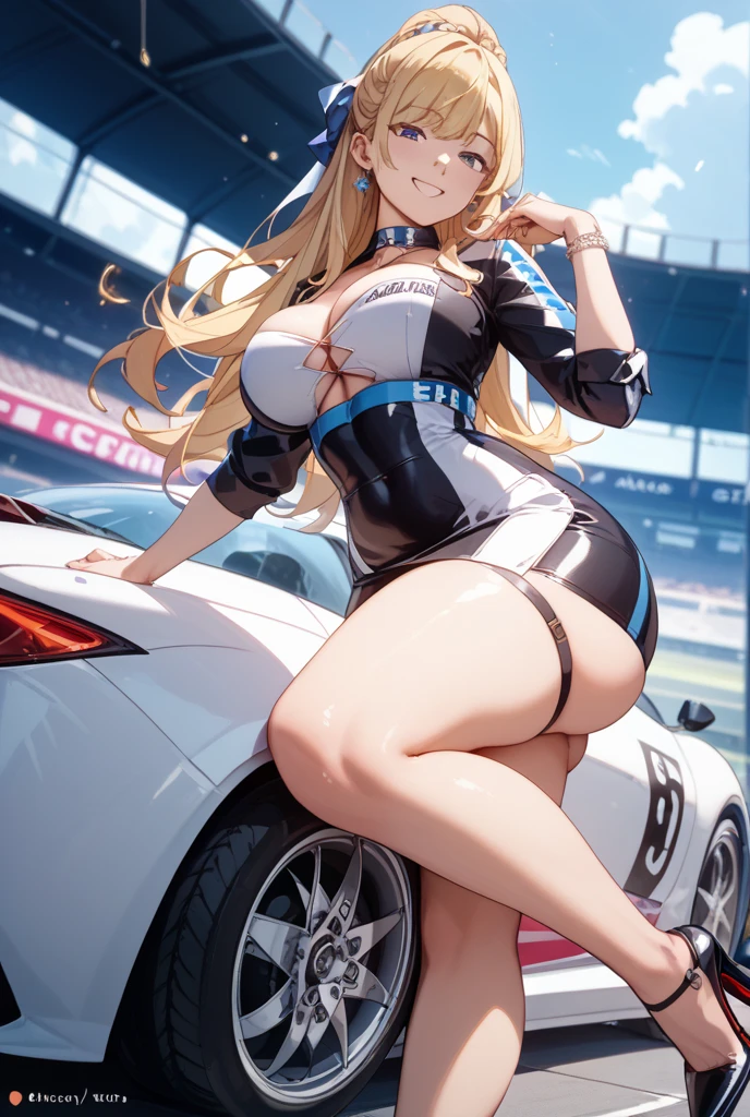 Super detailed、highest quality、Best image quality、masterpiece、8K、Anime Face、A kind smile、Open Mouth、Sparkling Blue Eyes、(Long blonde wavy hair:1.5)、Heavy bangs、Wearing a maid headband、(SFW huge body)、(((Rear view)))、Cowboy Shot、(Wearing a white thong:1.3)、Muscles of the whole body、(Place your hands on your hips:1.2)、(Leaning on a sports car:1.5)、Knee-high socks