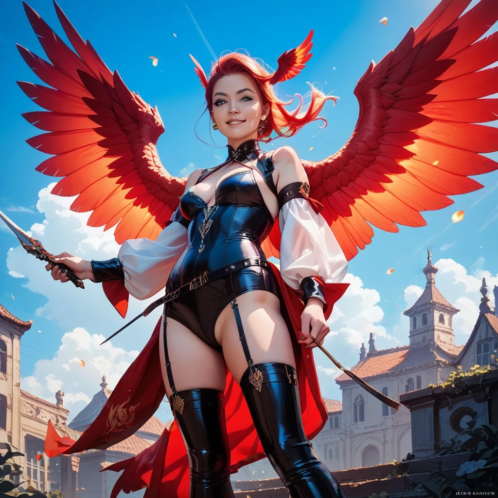 unusual clothes for a woman with bird arms and legs, blue feathers, red hair, full body, perfect face --auto --s2