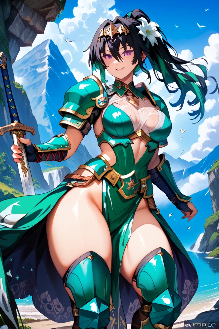 (masutepiece, Best Quality),shield, 1girl, weapon, solo, faux-figurine, holding-shield, long-hair, breasts, sword, green-hair, holding, navel, armor, holding-weapon, open-mouth, large-breasts, grass, looking-at-viewer, full-body, holding-sword, belt, smile, thighhighs, cleavage, shoulder-armor, yellow-eyes, monster-girl, tail, standing, gauntlets, flower, midriff, standing-on-one-leg, bangs, scales, helmet, bare-shoulders pauldrons, blush, green-tail, bikini-armor, upper-teeth-only, pelvic-curtain, teeth, armored-boots, blue-thighhighs, very-long-hair, black-thighhighs, wavy-hair, knight