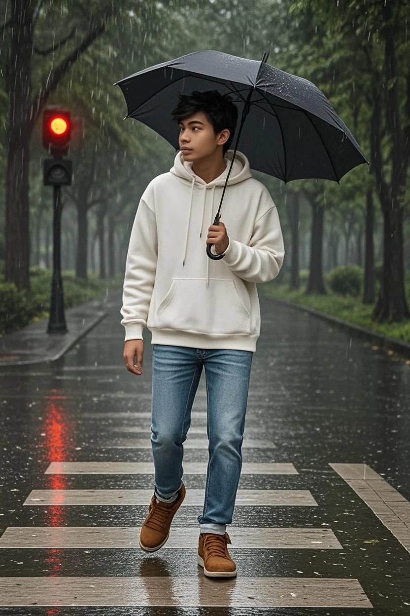 Draw a boy  walking on the street , and its rainig