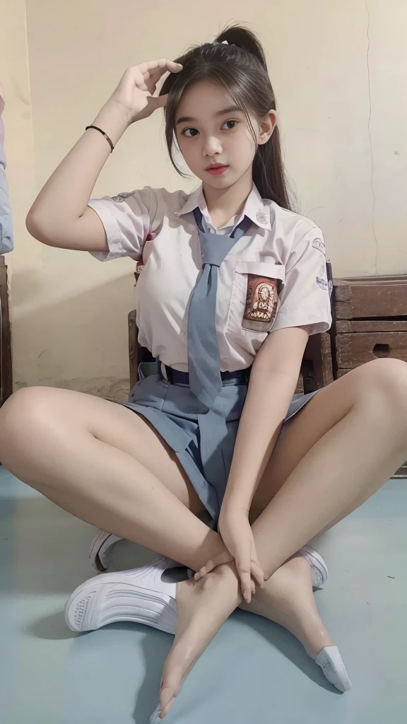 Indonesian face girl, wear skirt, Girl squatting, open crossing leg to front, seeing panties on skirt, visible panties, using panties.