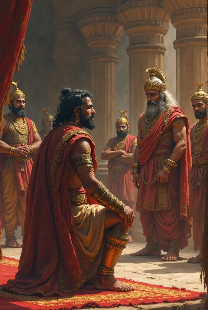 Shakuni, in royal attire, stands confidently next to King Subala, who is seated on his throne. The room is richly decorated with tapestries and royal insignia. In comic style 