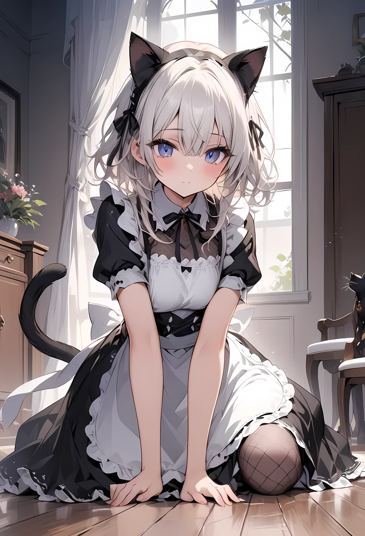 極めて繊細な描写, A young woman is crouching on a wooden floor, black and white maid costume, This costume, which resembles a cat's hand, features a black short sleeve dress with white lace trim on the hem and sleeves, is adorned with a white apron featuring lace edging, She's in fishnet tights and black flat shoes It completes the look, Her hair is styled with a headband with dark cat ears, Her hands are posing as a cat, 猫の手に似ている, The setting looks like indoors, Beige walls and soft shadow-casting lights, creates a cozy and intimate atmosphere, White furniture, chairs, looks like a cat's hand on a dark background,