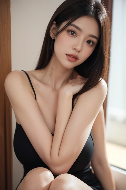Masterpiece: 1.3), (8K ultra high resolution), (Best quality), (RAW image with rich color depth), (Captivating: 1.4), (Large, expressive eyes with long lashes and distinctive pupils), (Exquisitely detailed and expressive face), (Women in their thirties with elegant beauty), (Breathtaking Portrait), (Straight, glossy hair cascading down to their shoulders), (Scarlet lips and sparkling earrings adorned their features), (Live-action, practical style with authentic light and shadow effects), (Fair, flawless complexion), (Sensual pose