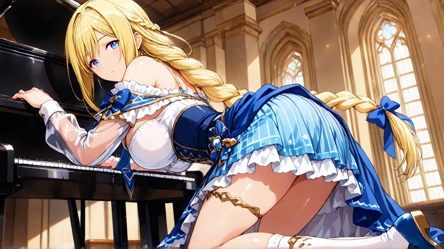 Masterpiece、Highest quality、Super detailed、1 girl、Blonde、Twin tails、Fluffy and soft long hair、Big Tits、Cleavage、School、uniform、String Panties