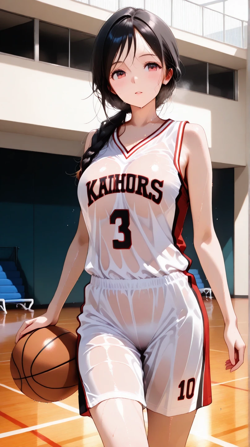Close-up of a person in a basketball uniform, picture, Inspired by Kentaro Miura, Topics on pixiv, Shinobu Kochou, Demon slayer, Kimetsu no Yaiba, Wearing a yellow NBA jersey, yellow Crop top nba jersey, wearing a low cut Crop top, wearing Crop top, Crop top, written "Lakers" on the Crop top, Golden Light, (Wink), shirobako, big)}], Favorite scene, Fine details. anime. skin, sweating, Big Breasts, Hands raised, Underarm, Underarm visible, Sweat dripping, Sweat more, sweaty Underarm