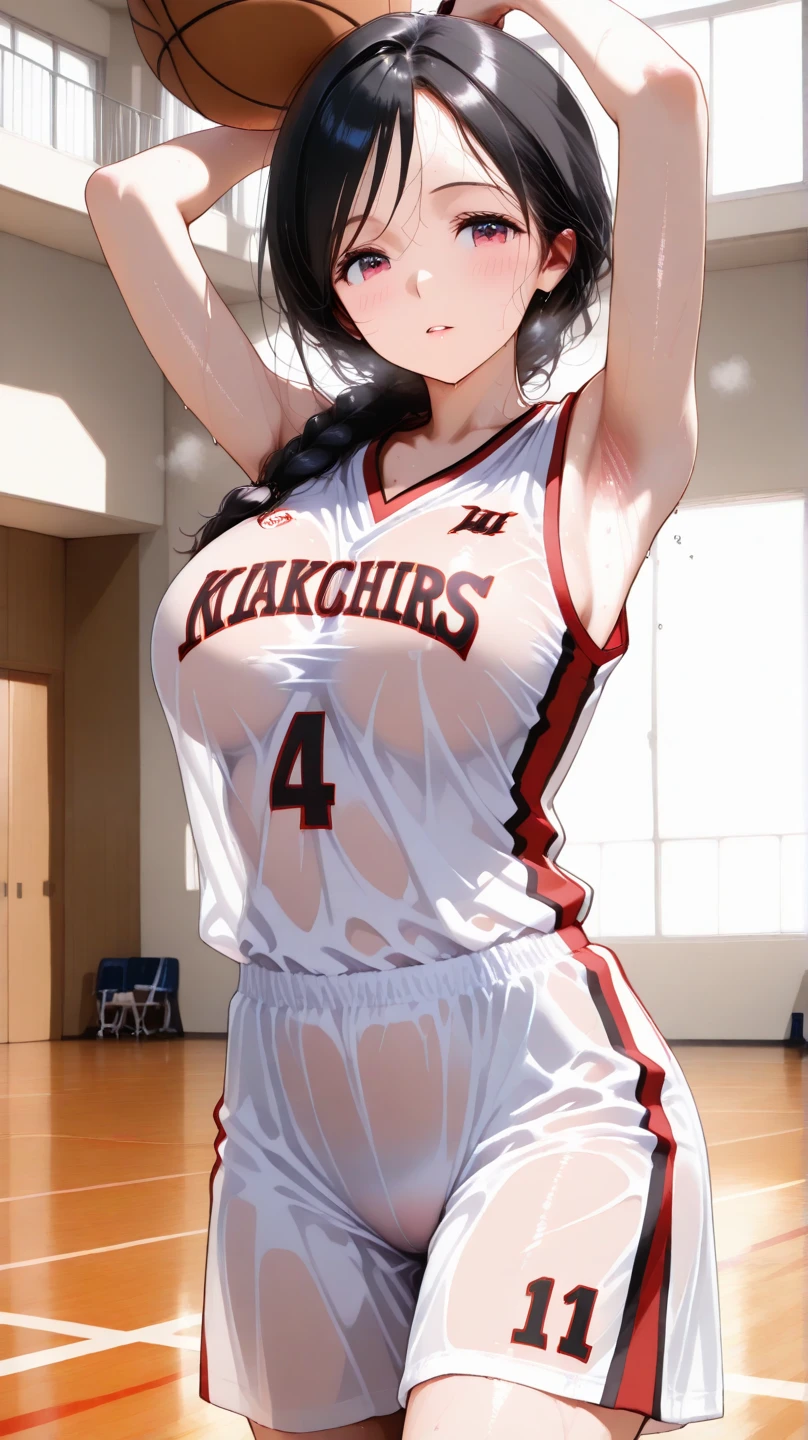 a close up of a person wearing a basketball uniform, a picture, inspired by Kentaro Miura, trending on pixiv, Jabami Yumeko, Kakegurui,red eyes,long hair, wearing yellow nba jersey, yellow croptop nba jersey, wearing a low cut croptop, wearing croptop, croptop, written "Lakers" on the croptop, golden raito, (winking), shirobako, large)}], favorite scene, fine details. anime. skins, sweating, big breasts, both hands raised, armpits, armpits visible, dripping with sweat, more more sweat, sweaty armpits, smile