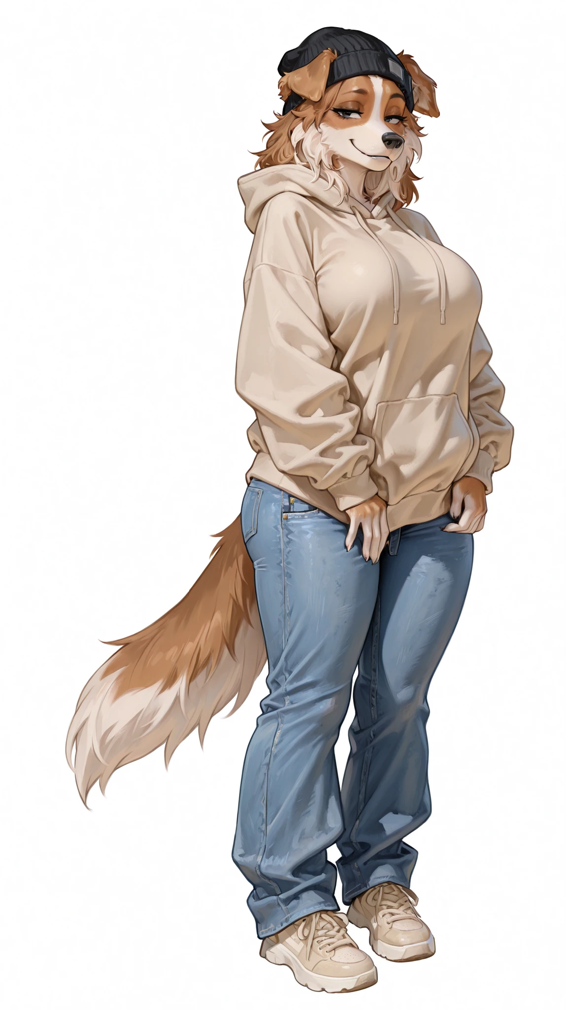 masterpiece, best quality, amazing quality, very aesthetic, high resolution, ultra-detailed, absurdres, newest, female, brown fur, Shetland Sheepdog, big breasts, folded ears, black eyes, bored, fluffy tail, paws, claws, full body, white background, BREAK, photorealistic details, volumetric lighting, thick highs, wide hips, furry, anthro, half-lidded eyes, (beige hoodie, baggy hoodie), black beanie, (jeans, baggy jeans), beige sneakers, smirk