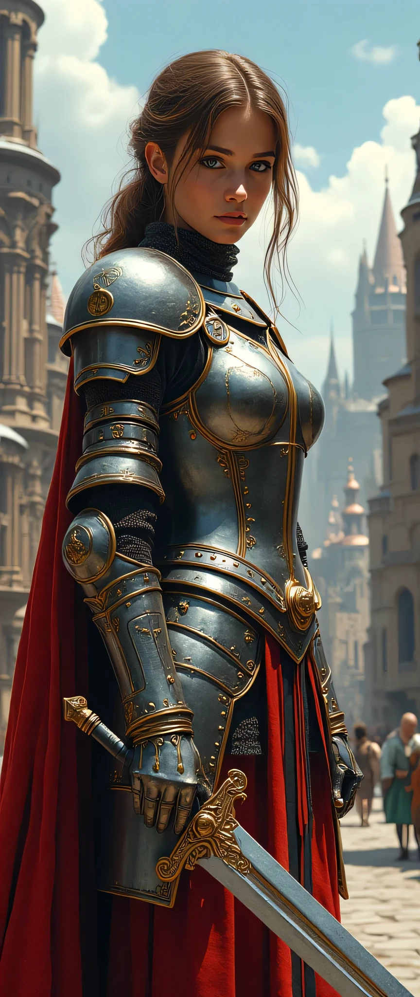 (8k、Highest quality、masterpiece:1.2)、(Highest quality:1.0)、(super high resolution:1.0)、 Model Shooting Style 、Vivid medieval Europe(high-definition CG unity 8k wallpaper)、full-body photos of the world's most beautiful works of art、 medieval armor、holding Swords、 facial details 、complex cityscape images、High detail、sharp concentration、Dramatic、Realistic painting art、super precise、young girl、staring at viewers、( slim、 fit))、