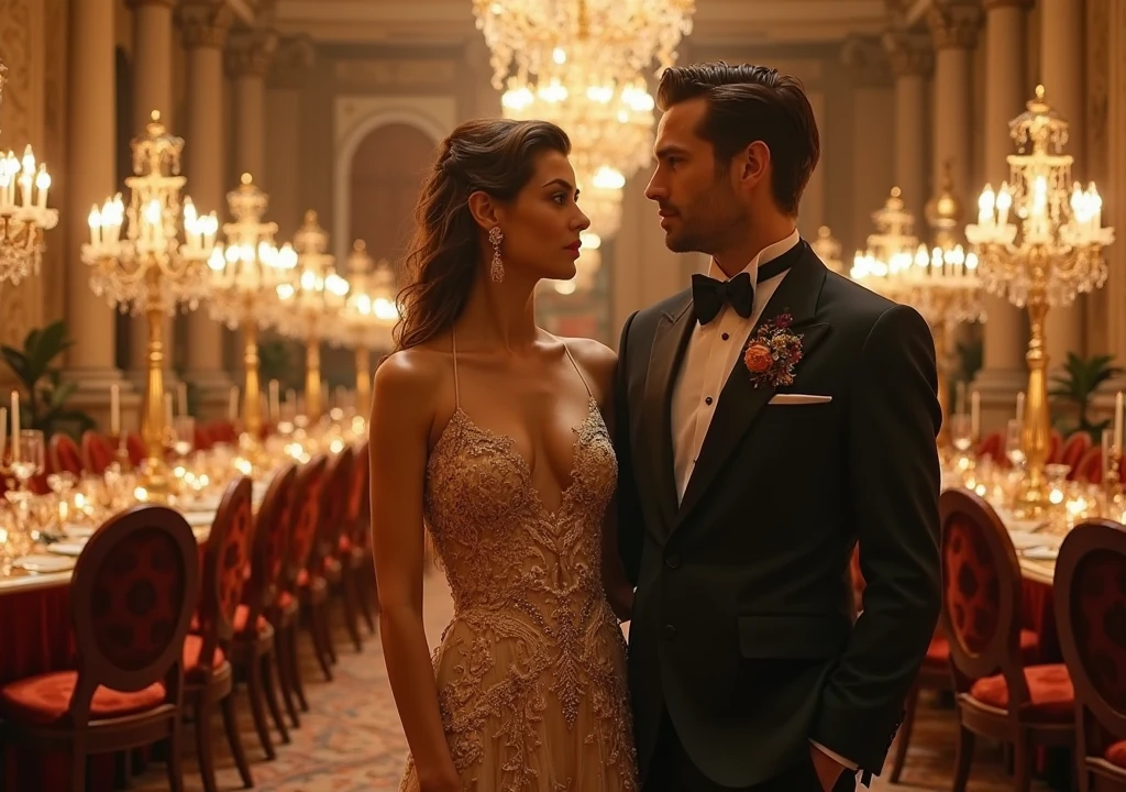 Casal atraente e elegante, homem forte e atraente com cabelos curtos castanhos escuros, ao lado de sua esposa loira dos olhos azuis, usando um vestido longo e vermelho, gala party background scene, noite