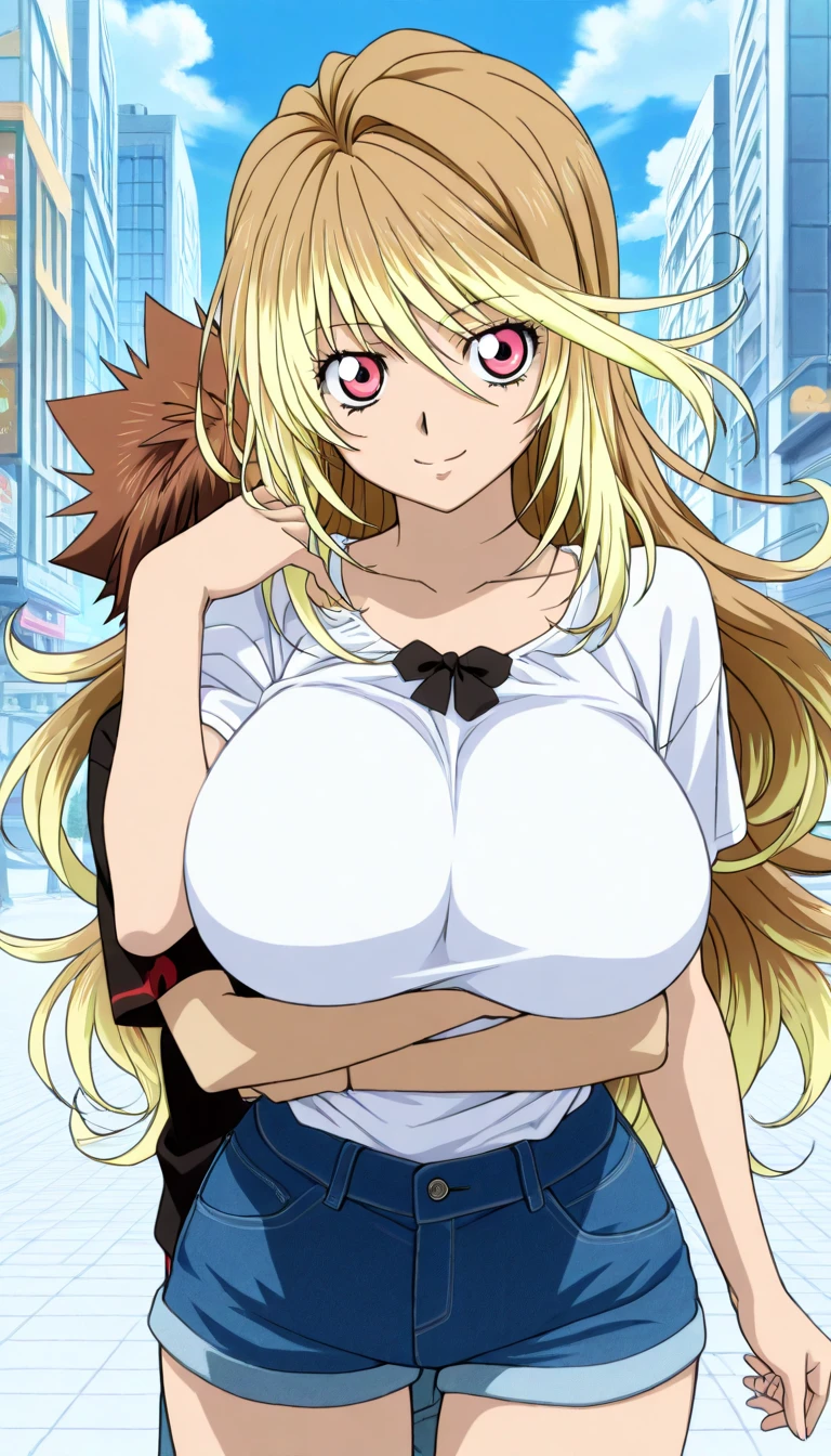(masterpiece) (((((Highest quality))))((high resolution))))), Very detailed, Ultra-realistic, 、、、((((The background is a city))))、、(Big Breasts)、、Around town、building、tourist、Cowboy Shot、Embarrassed.、Blonde、Red Eye、Long Hair