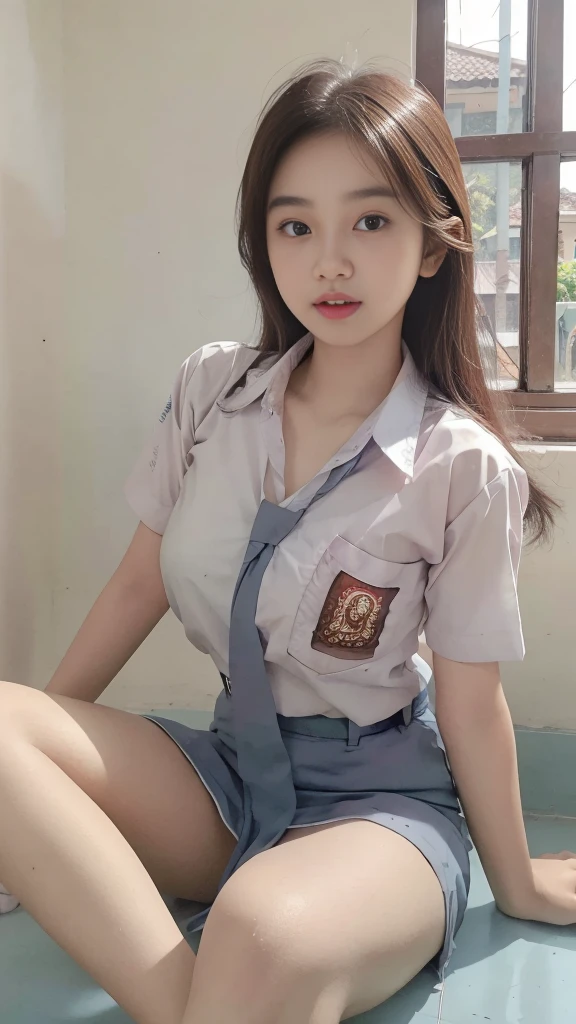 ((Best quality, Masterpiece, 8K)), 17 years old Indonesian girl. Wear Indonesian high . White shirt, gray skirt. Black belt. Beauty, half layered hair. Standing. Scream. Full body. White panties. Visible panties. View on camera