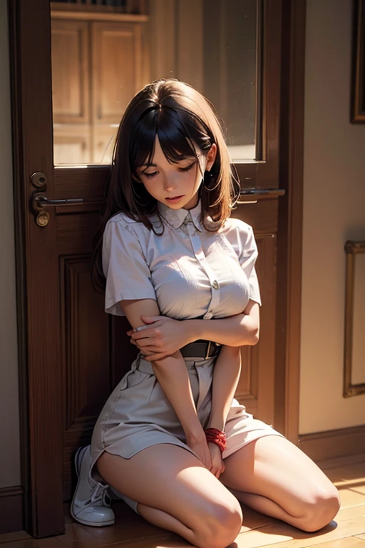 Future Soul Arts. birdseye view, Dirty woman sitting on chair in dilapidated house, wet and messy hair above the eyes, Detailed bodycon shirts and pleated skirts. vixip, Close-up scenery, Hurt. handdraw, Cinematic lighting, Highly detailed. white, brown, Red. Perfect composition, masutepiece, Best Quality, 4K, Sharp Focus. Perfect Anatomy. --auto