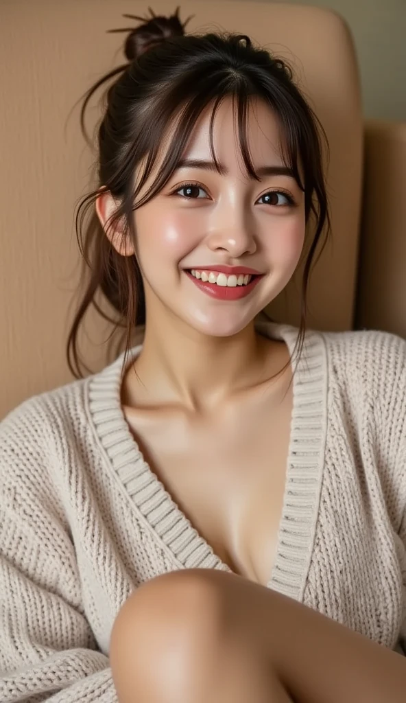 (8k), (highest quality: 1.2), (Realistic), (Realistic: 1.37), Ultra-high resolution,RAW Photos、 1 girl, Head to knee photo、cute, smile, Mouth closed, Beautiful details, Beautiful Nose, whole body, Wet Hair, Giant Dulcefo, pork, , (Large Breasts)、Saggy breasts、Soft Breasts、Overflowing breasts、Grayish color cardigan、隠しきれないLarge Breasts、Voluptuous thighs、Odd Eye、Heterochromia iridis