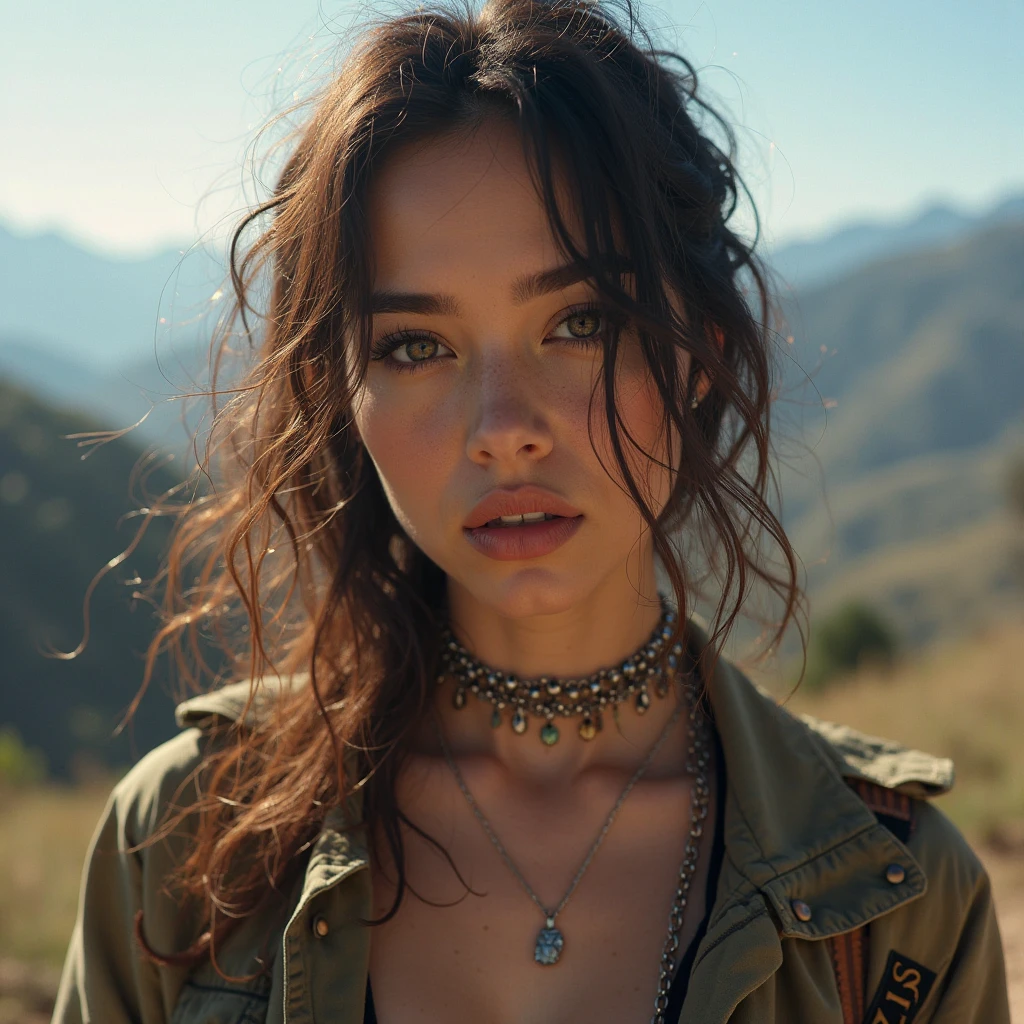 masterpiece, Transition to a desert landscape at sunset, a lonely figure, A beautiful 32-year-old American woman emerges wearing beautiful post-apocalyptic nomadic clothing., White skin, by rubio, gray blue eyes, Freckles in the face, slim body for running, small breasts, Very detailed face, ultra realistic face, very beautiful face, clean but tired face, post-apocalyptic clothing. Layers of tattered fabric, unconventional accessories, and a worn appearance create an aura of survival and resistance., 16k, ultra high resolution.photorealistic, HD, raw, DSLR, with the face of jeniffer lawrence
