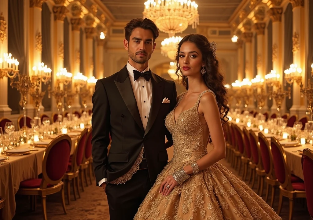 a high class couple, a man and woman in their 20s, elegant and sophisticated, exquisitely dressed in formal attire, standing together in an opulent, luxurious setting, with an air of refinement and exclusivity, (best quality,4k,8k,highres,masterpiece:1.2),ultra-detailed,(realistic,photorealistic,photo-realistic:1.37),cinematic lighting, dramatic shadows, warm color tones, intricate details, high fashion, glamorous, chiaroscuro effect, dramatic pose, intense gaze, opulent background, ornate decor, chandelier