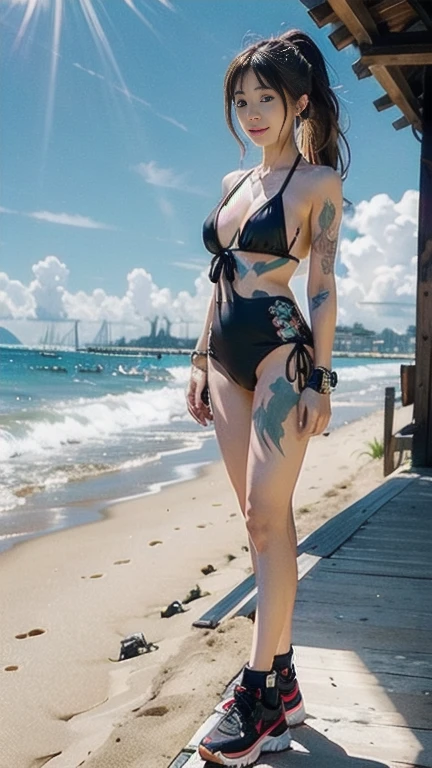 1_girl, solocurvasious. short, black hair. She has aqua blue eyes. wearing a pirate hat. tatoos on the side of her left thigh. Heart tatoo on her right breast. Wearing a black latex bikini, beach background, full body portrait, crouching, arms behind head