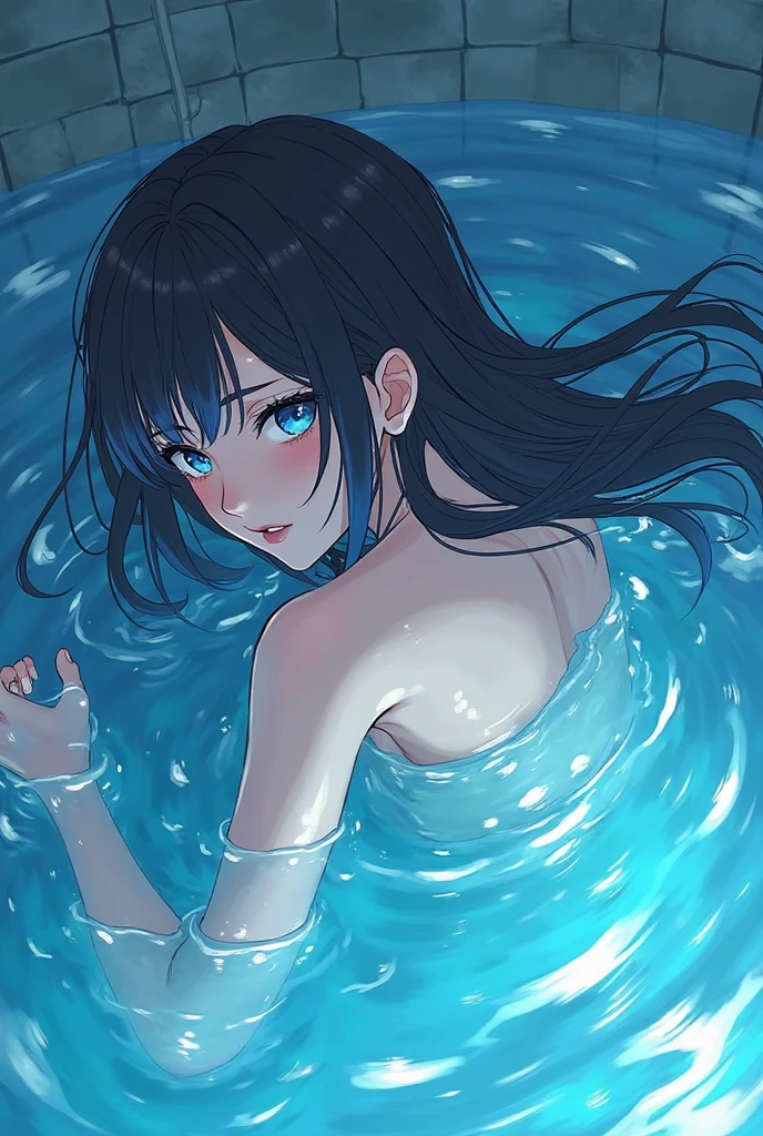 (masutepiece, Best Quality),((Flat color)), 1 girl , Witch Girl, pixiv style, Detailed beautiful eyes, Small breasts, Smile , Floating colorful water, Dynamic, water element
