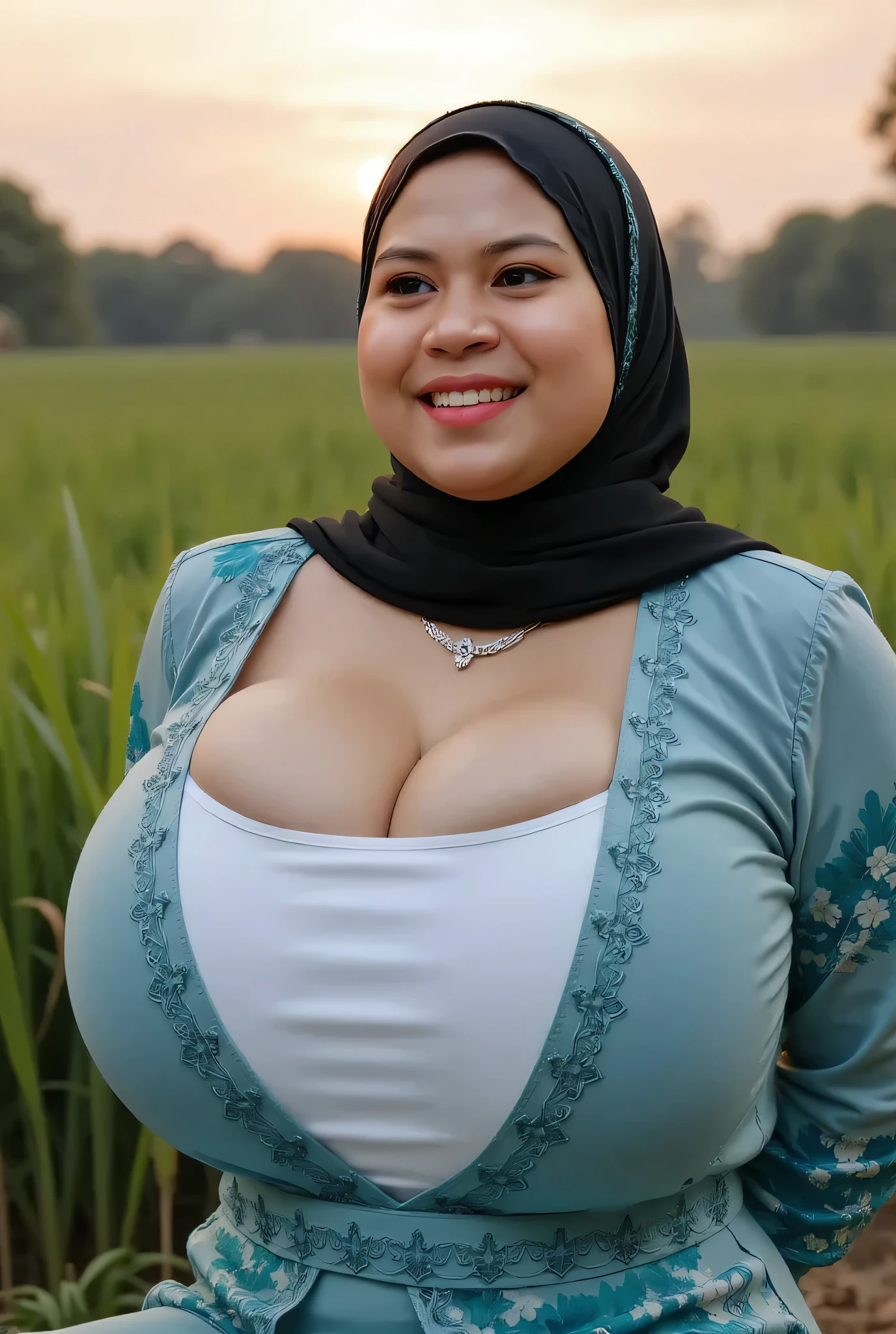 56 years Old, Indonesian Hijab Mature woman, Ultra Droopiest gigantic saggiest longest mature tits : 106.9, wearing V-Neck Gamis, Wearing Sport Bra, her Gigantic breast Burst Out, Busty body, Wet body, rainy atmosphere, heavy rain, at central park, full body, gravure Idol, Cold Situation, Daytime