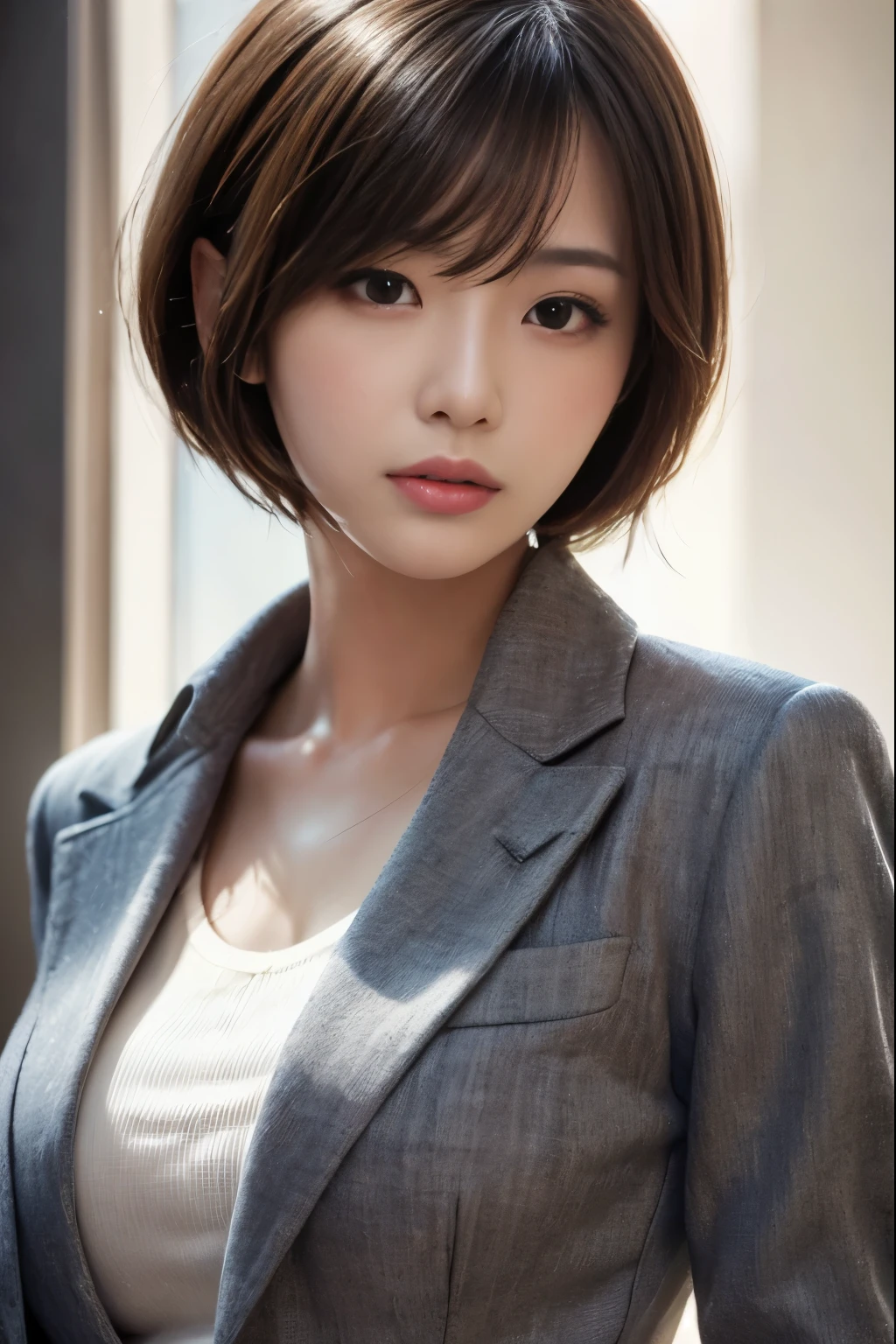 Real, Photo, {Realistic}, {incredibly_absurderes}, Bust, Transparent_Background：2.5, {Girl},ChineseGirl， Short hair, Brown hair, Cute face, Light smile, Beautiful detailed eyes, Brown eyes, Medium breasts, suit, realisticlying, Masterpiece, Best quality
