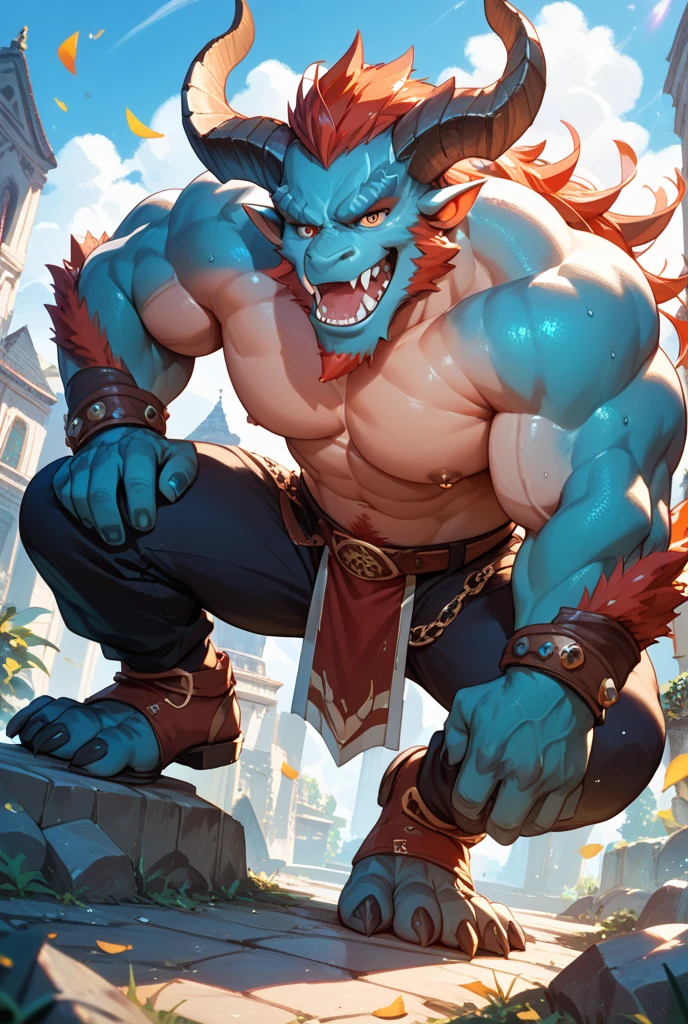 Blue Dragon Orcs，Dragon horns are light golden, The horn has a bit of a pale blue at the end，The eyes are blood-red，Men with abs