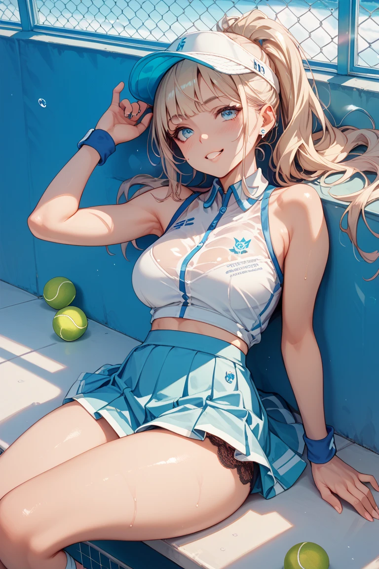 masterpiece, best quality, highly detailed, ultra high res, ayase arisa, 1girl, solo, hair ornament, long blonde hair, glossy lips, medium breasts, aqua eyes, school field, cheerleader, cleavage, midriff, sitting, water bottle