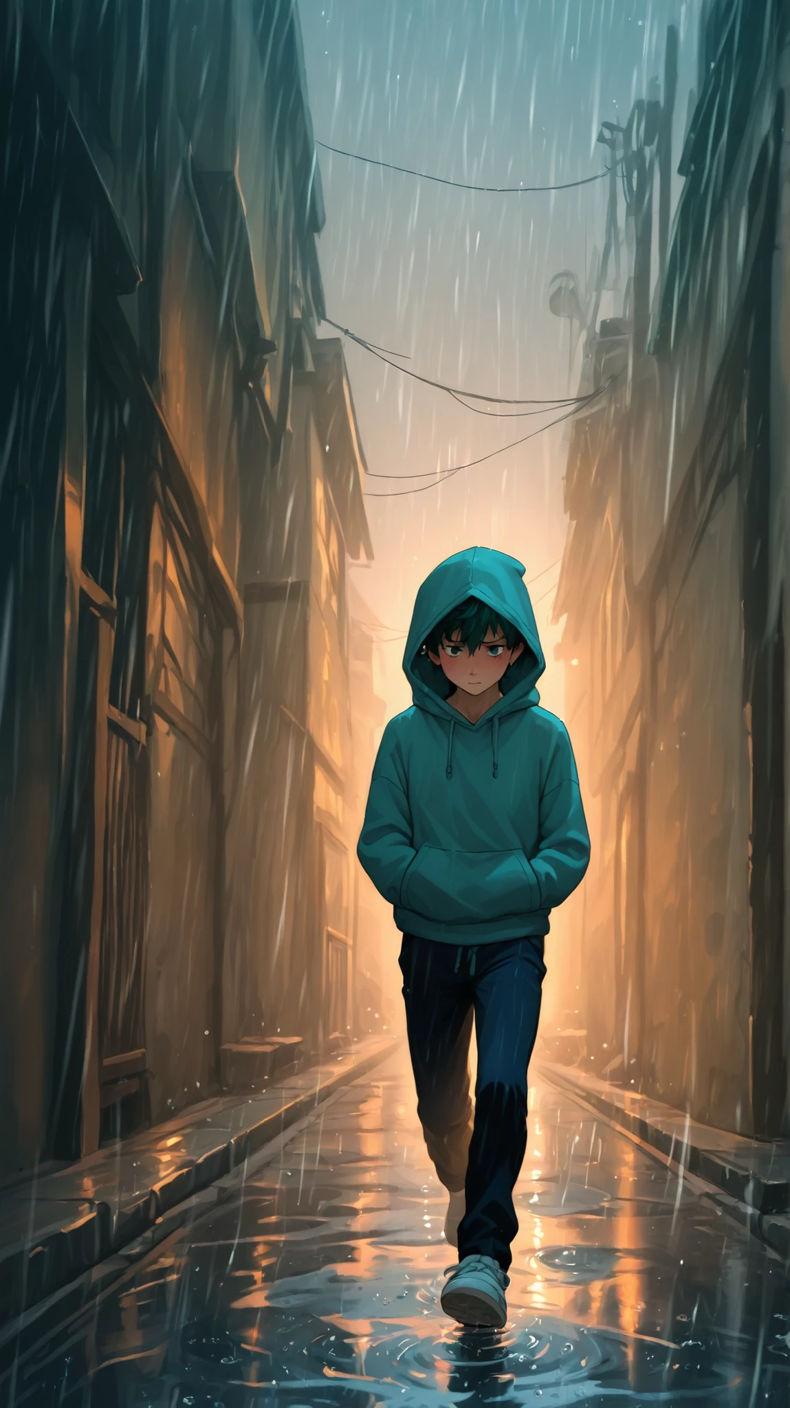 Anime-style boy walking alone in light rain, dark city alley, calm face but determined eyes, green hair, slow motion, wearing hoodie, hands in pockets, soft light glows in puddles, Ghibli style, emotional tone, cinematic feel, rainy evening, high quality, 8K ultra HD