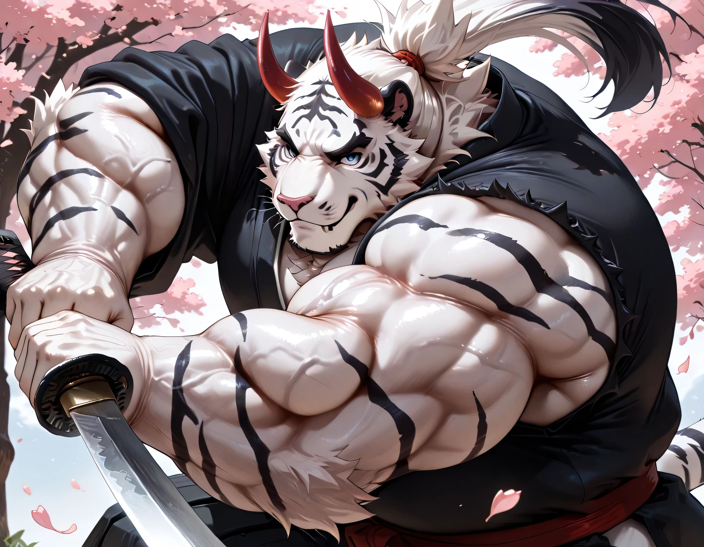 masterpiece, best quality, amazing quality, furry, male, anthro, solo, WhiteTiger, white skin, (mature male:1.5), (muscular:1.5),musclegut, (big muscle, veiny muscle:1.3), (detailed muscle:1.5), (best anatomy:1.2), perfect anatomy, blue eyes, detailed eyes, (5_fingers), two red horn with black color at base, demon horn, black tiger strip, detailed background,soft lights,depth of field, masterpiece, semirealistic:1.2, high detailed, 8k, high resolution, perfect anatomy, masterpiece, perfect quality, best quality, detailed, newest, very aesthetic, BREAK, Japanese clothes,(kimono), Ronin,samurai,Chodachi,cherry blossoms,long word,holding katana battle stance, firm eyes,falling cherry blossoms,flying cherry blossom petals,loot at you,Ronin clothes,attack stance,