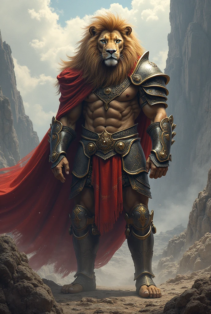 Lion-Hearted Warrior: "A warrior inspired by Lord Narasimha, the lion-headed avatar of Vishnu. His face is a blend of human and lion features, with a mane of golden hair flowing around his face. His armor is crafted with the symbols of Vishnu, and he holds a massive mace, with the image of Narasimha engraved on it. The warrior stands in front of a temple entrance, roaring with righteous fury as he prepares to protect the innocent from evil."