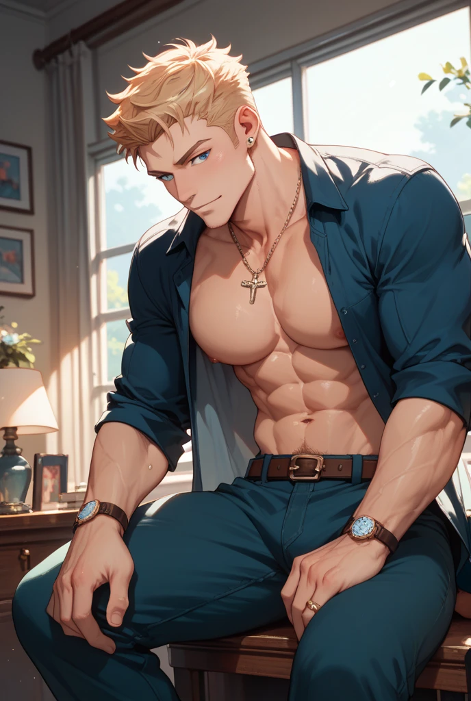 30 years old men, Disturbed Allback, blondehair, One Eye, tense look,Gray iris,boobplate,Roll up your turquoise shirt,Trained body,White pants, Lunette de soleil,razor-sharp jawline, sharp gaze, Cold and mysterious character, 8K, Detailed features, extremely handsome