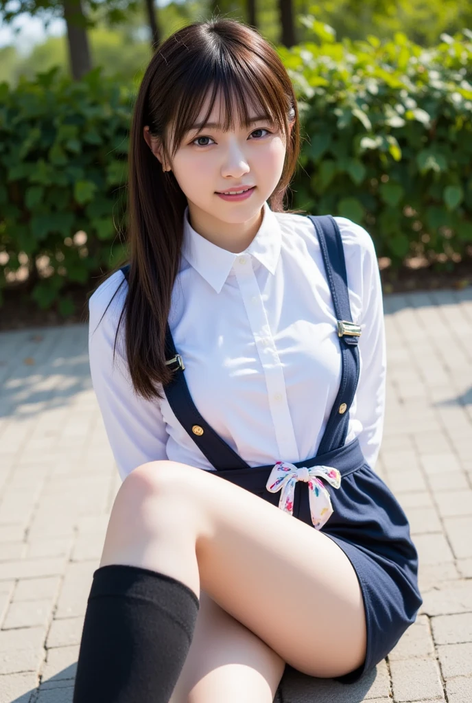 NSFW, 8k RAW photo, highest quality, masterpiece, ultra high resolution, film grain, movie, 1 girl, 15 year old girl, looking at the viewer, natural skin texture, Realistic eye and face details, full lips, lipstick, (compensate), bob cut, short hair, black hair, smile, open your mouth, teeth visible, かわいいsmile, young face, beautiful feet, tall woman, skinny, slim_feet, alone, cleavage, facing forward, spread legs, feetを広げる, super short skirt, white shirt, impact, plaid skirt, white shirt, small breasts, nipple, nippleが透けて見える, No bra、lift up the skirt, not wearing underwear, female genitals visible, Don'Do not cover your crotch with your hands、I can see your crotch、cleavage, Show a little cleavage through the シャツ, black loafers, black leather shoes, white socks, fecZhr blurry background, blurry, holding, plaid, short sleeve, water, bangs, school uniform, parted lips, lips, pleated skirt, written boundary depth, at the park, green tree々, anatomically correct body shape