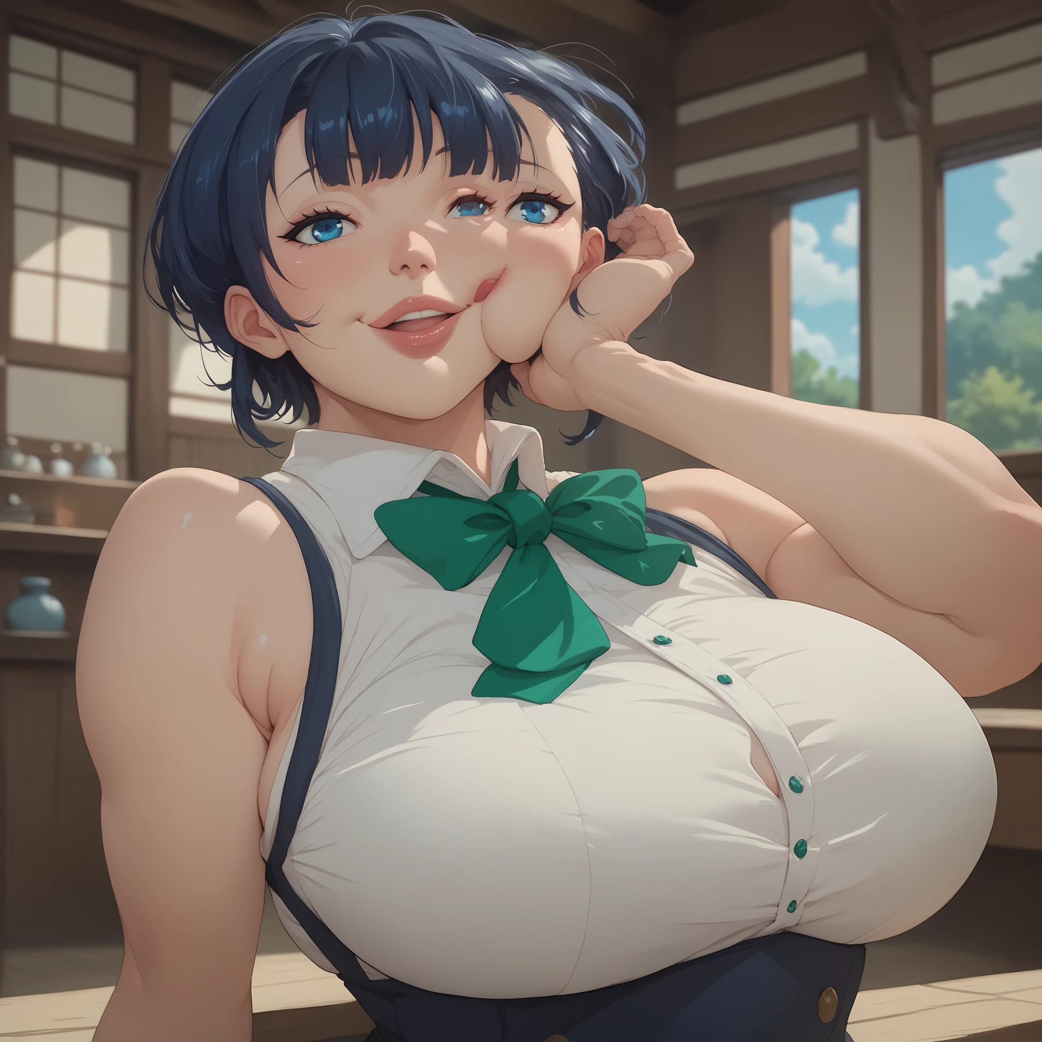 masterpiece, high resolution, best quality, ultra-detailed, Full-HD, super fine illustration,
nsfw,
(1 girl, 18 years old:1.2), solo,
natural makeup, glossy lips, baby face, kawaii,
{(almond eyes, cyan eyes)}, beautiful detailed eyes, (japanese girl:1.1),
(fluffy huge , sagging boobs, big areola), plump, voluptuous, wide hips, thick thighs,
lustrous skin, shiny skin,
{(short twin tail hair, midnight blue hair:1.2), straight hair}, parted bangs,
{(white outer camisole), short length)}, navel, cleavage,
{(miniskirt:1.2), cyan pleated skirt, plaids}, Silver hairpin, White hair tie,
(shy smile, embarrassed smile, seductive smile),
standing, fold her arms behind back, looking at viewer,
garden, Telephone booth, Standing in front of a stone block wall, outside, at night,
((cowboy shot, front view)), focus to cleavage