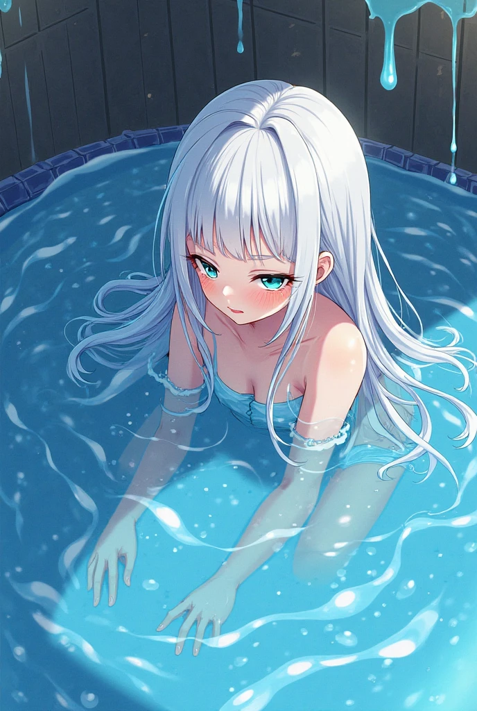 realisitic、top-quality、(One Woman:1.5)、silber hair、length hair、Blue eyes、Soaking in the bath、barechested、Hide with steam